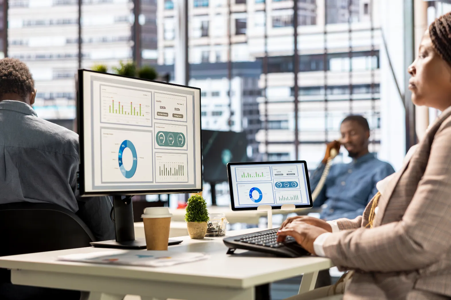 Executive manager modern office engaged infographics analysis